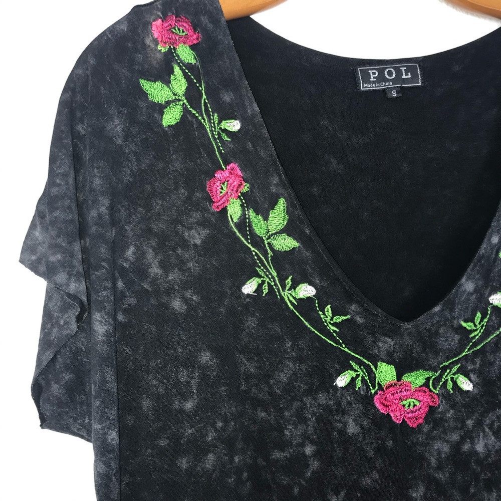 Anthro POL Acid Wash Embroidered Fringe Tee Shirt - Picture 6 of 10